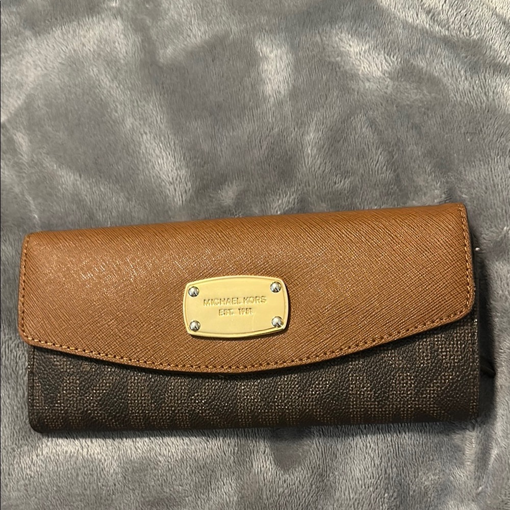 Michael Kors Brown and Tan Wallet with Gold-Tone Nameplate